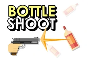 Bir el, tabanca ile şişeyi vururken ve Bottle Shoot yazısı göze çarpıyor