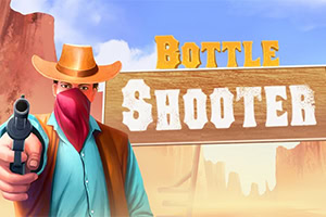 Kırmızı bandanalı kovboyun silah doğrulttuğu, çöl kanyonu arka planlı ve büyük Bottle Shooter yazılı western illüstrasyonu