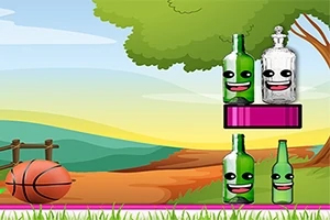 Bottle Shooter Yeşil şişeler ve bir dekanter, gülen yüz ifadeleriyle parkta, basketbol topu ve ağaçlarla birlikte platform üzerinde yer alıyor