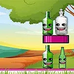 Bottle Shooter Yeşil şişeler ve bir dekanter, gülen yüz ifadeleriyle parkta, basketbol topu ve ağaçlarla birlikte platform üzerinde yer alıyor