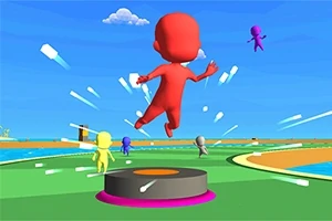 Renkli bir platformda zıplayan kırmızı bir figür ve etrafında çeşitli renklerde diğer figürler