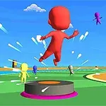 Renkli bir platformda zıplayan kırmızı bir figür ve etrafında çeşitli renklerde diğer figürler