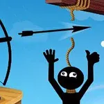 Siyah çöp adam bir yayla ok atarken, diğer çöp adam bir halatla asılı duruyor ve bir kurbağa aşağıda oturuyor