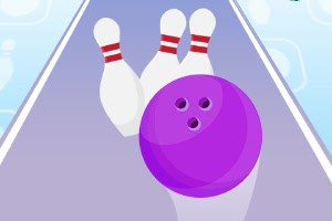 Mor bir bowling topu ve üç dikey duran bovling lobutu