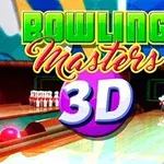 Yeşil ve kırmızı renklerle yazılmış Bowling Masters 3D başlıklı bir bowling salonu sahnesi