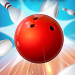 Kırmızı bir bowling topu beyaz labutlara vuruyor, mavi ve beyaz arka plan üzerinde hareket ve enerji hissi yaratıyor