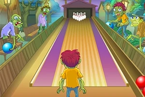 Bir dizi zombi bir bowling pistinin etrafında toplanmış, ortada bir çocuk ve arka planda bowling lobutları yer alıyor