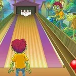 Bir dizi zombi bir bowling pistinin etrafında toplanmış, ortada bir çocuk ve arka planda bowling lobutları yer alıyor