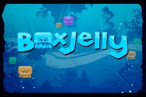 Mavi arka plan üzerinde renkli kutucuklar ve BoxJelly yazısı