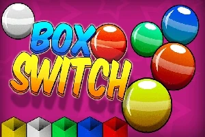 Renkli toplar, Box Switch yazısı ve çeşitli renkte kutular pembe bir arka plan üzerinde yer alıyor