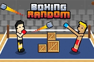 Pixel tarzında iki boksör ringde karşı karşıya, arka planda kutular ve Boxing Random yazısı görülüyor
