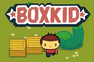 Yeşil bir zemin üzerinde BOXKID yazısı, ahşap kutular ve sevimli bir karakter