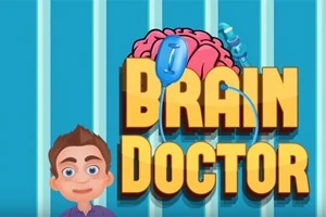 Mavi arka planda büyük harflerle Brain Doctor yazısı, pembe bir beyin grafiği ve yanında bir doktor çizimi