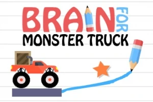 Kırmızı bir canavar kamyon, yıldız ve mavi çizgi çizen kurşun kalem ile birlikte BRAIN for MONSTER TRUCK yazısı