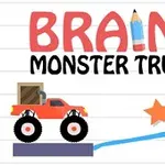 Kırmızı bir canavar kamyon, yıldız ve mavi çizgi çizen kurşun kalem ile birlikte BRAIN for MONSTER TRUCK yazısı