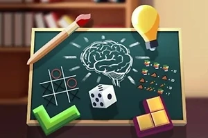 Yeşil bir tahtada beyinsel semboller, bir zar, tükenmez kalem, ampul, denklem, tetris blokları ve bir tic-tac-toe grafiği bulunmaktadır