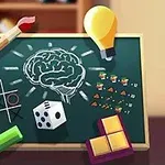 Yeşil bir tahtada beyinsel semboller, bir zar, tükenmez kalem, ampul, denklem, tetris blokları ve bir tic-tac-toe grafiği bulunmaktadır