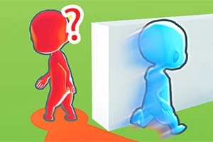 Kırmızı ve mavi renkte iki basit figürden biri duvarın arkasında yürürken diğeri soru işareti ile tepki veriyor