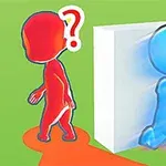Kırmızı ve mavi renkte iki basit figürden biri duvarın arkasında yürürken diğeri soru işareti ile tepki veriyor