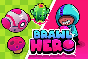 Renkli arka plana sahip bu görüntüde, kapüşonlu bir karakter, yuvarlak bir cisim, kaktüs ve mantar figürü ile Brawl Hero yazısı bulunuyor