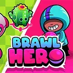 Renkli arka plana sahip bu görüntüde, kapüşonlu bir karakter, yuvarlak bir cisim, kaktüs ve mantar figürü ile Brawl Hero yazısı bulunuyor