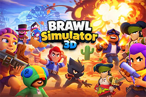 Çölde patlamaların arasında, çizgi film tarzı çeşitli silahlı karakterlerin yer aldığı ve ortada büyük BRAWL Simulator 3D yazısının bulunduğu renkli aksiyon afişi