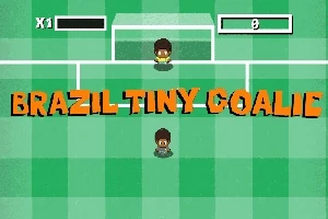 Yeşil bir futbol sahasında, bir kaleci ve bir oyuncu bulunan, BRAZIL TINY GOALIE yazılı retro tarzda bir görüntü