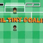 Yeşil bir futbol sahasında, bir kaleci ve bir oyuncu bulunan, BRAZIL TINY GOALIE yazılı retro tarzda bir görüntü