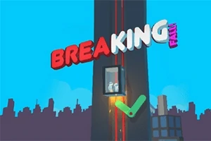 Başında “Breaking Fall” yazan, gökdelenin yanındaki asansörün içinde üç kişi bulunan çizgi film tarzı bir sahne