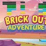 Renkli bloklar ve büyük harflerle BRICK OUT ADVENTURE metninin olduğu manzaralı bir arka plan