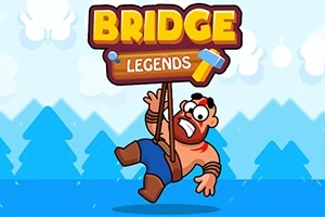 Karikatür tarzında, kolları kaslı ve kafasında kırmızı bant olan bir adam asılı şekilde Bridge Legends levhasını tutuyor, arka plan mavi tonlarında dağ ve bulutlarla dolu