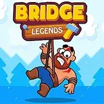 Karikatür tarzında, kolları kaslı ve kafasında kırmızı bant olan bir adam asılı şekilde Bridge Legends levhasını tutuyor, arka plan mavi tonlarında dağ ve bulutlarla dolu