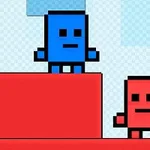 Kırmızı platform üzerinde duran mavi ve kırmızı kare karakterler