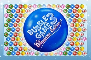 Mavi bir topun üzerinde Bubble Game 3 Christmas Edition yazısı ve etrafında renkli yuvarlak toplar