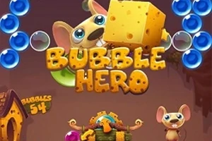 Fare karakterlerinin büyük bir peynir parçası tuttuğu, etrafta mavi baloncukların olduğu ve Bubble Hero yazısının yer aldığı renkli bir çizim