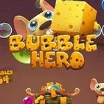 Fare karakterlerinin büyük bir peynir parçası tuttuğu, etrafta mavi baloncukların olduğu ve Bubble Hero yazısının yer aldığı renkli bir çizim