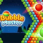 Rengarenk baloncuklarla kaplı bir arka plan, ortada Bubble Master yazısı ile gece gökyüzü ve ağaçların bulunduğu bir manzara