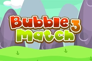Renkli dağlar ve yeşil çimenler arka planında büyük, renkli harflerle Bubble Match 3 yazısı