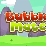 Renkli dağlar ve yeşil çimenler arka planında büyük, renkli harflerle Bubble Match 3 yazısı