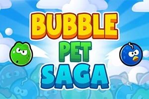 Renkli baloncuklar ve Bubble Pet Saga yazısı olan mavi ve bulutlu arka plan
