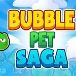 Renkli baloncuklar ve Bubble Pet Saga yazısı olan mavi ve bulutlu arka plan