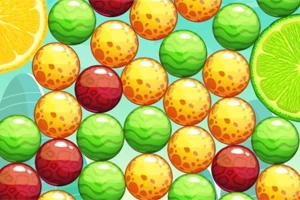 Renkli ve desenli topların limon ve portakal dilimleri ile karışık bir şekilde dizildiği canlı tasarım