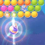 Renkli baloncuklar, iki küçük kuş ve aşağıda bir top ile parlak bir enerji ışını gösteriliyor