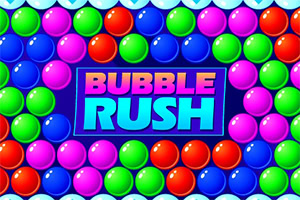 Renkli baloncuklarla çevrili, ortasında BUBBLE RUSH yazan parlak ve çizgi film tarzı bir görsel