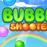 Renkli baloncuklar ve gökkuşağı ile süslenmiş mavi gökyüzü üzerinde büyük yeşil ve turuncu harflerle yazılan Bubble Shooter yazısı