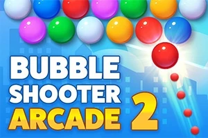 Renkli balonlar ve üzerinde Bubble Shooter Arcade 2 yazısı bulunan mavi arka plan