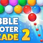 Renkli balonlar ve üzerinde Bubble Shooter Arcade 2 yazısı bulunan mavi arka plan