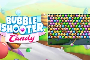 Renkli şeker topları ve Bubble Shooter Candy yazısı içeren parlak bir oyun ekranı