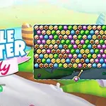 Renkli şeker topları ve Bubble Shooter Candy yazısı içeren parlak bir oyun ekranı