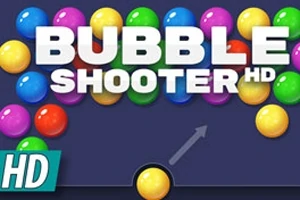 Renkli topların altındaki BUBBLE SHOOTER HD yazısıyla mavi arka plan üzerinde bir ok işareti bulunan bir görüntü
